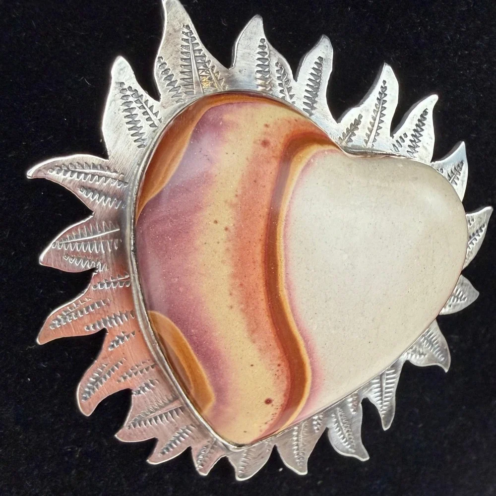 Vintage Sterling Silver Heart Flame Stone Brooch VM MASSE STOLL Southwestern USA